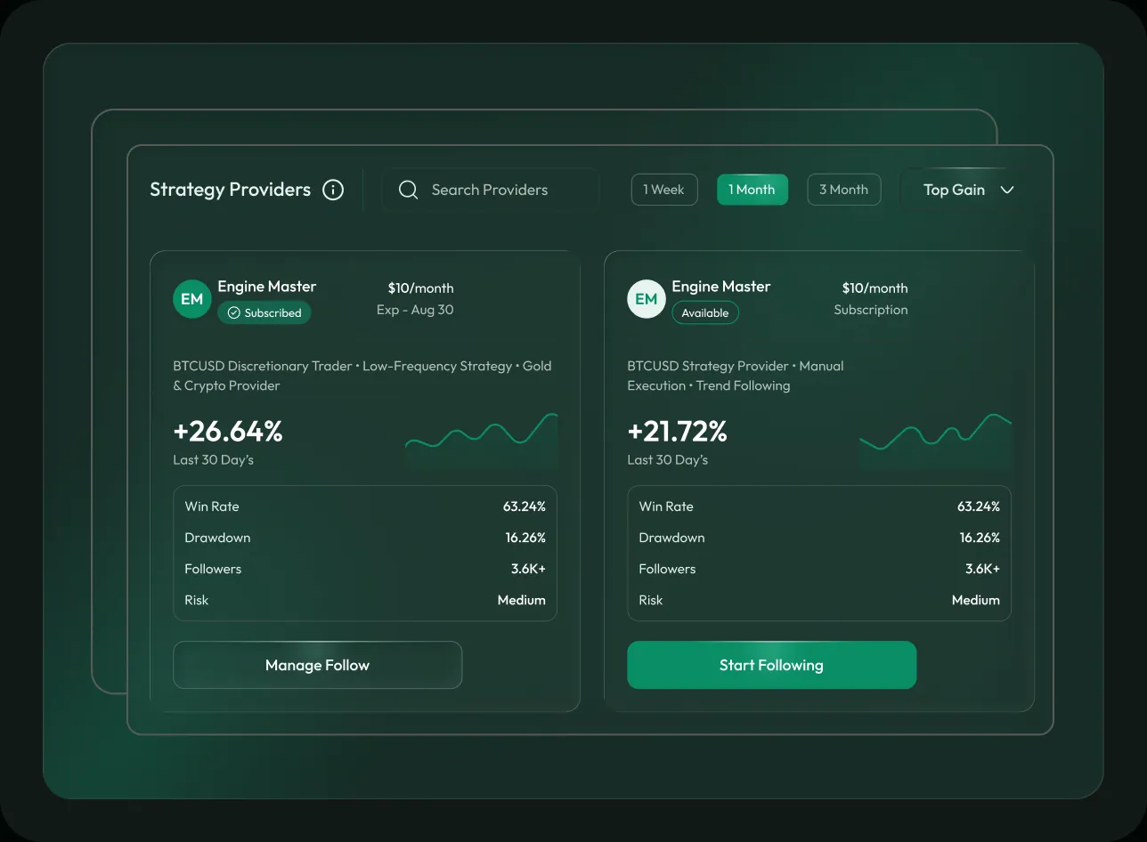 The strategy-provider marketplace with search, timeframe filters and provider cards showing gain, win rate, drawdown and followers.
