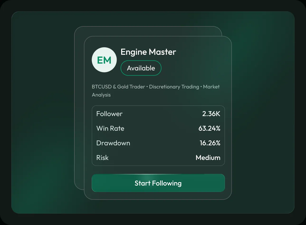 A provider card for Engine Master showing follower count, win rate, drawdown, risk level and a Start Following button.